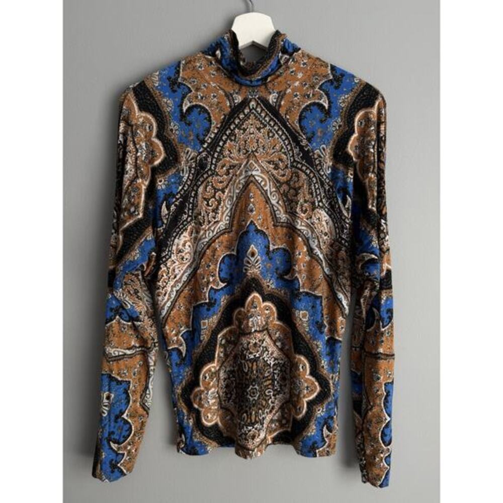Free People Blue and Brown Paisley Velvet Turtleneck Top
